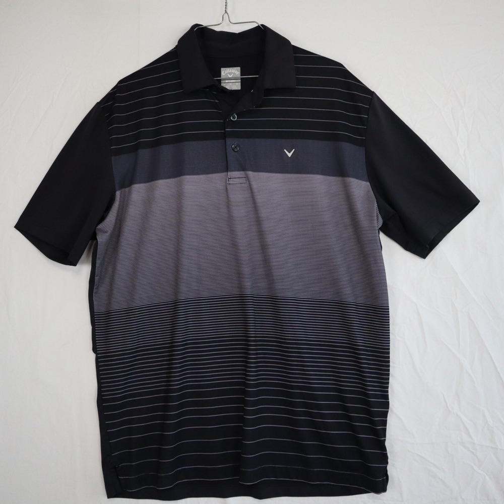 Callaway Polo Shirt Mens Medium Opti-Dri Golf Stretch Black Striped Short Sleeve